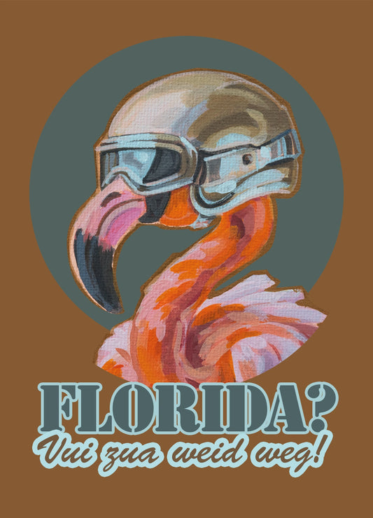 Retro-look postcard, Rocket Flamingo
